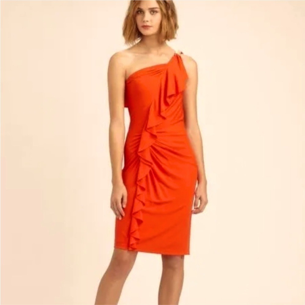 David Meister Orange One Shoulder Ruffle Sheath Cocktail Dress Size 6